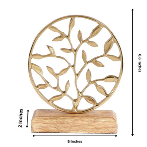 Sculpture en métal artisanale Arbre de Vie, finition dorée, accent décoratif de table avec base en bois pour la décoration intérieure - Product Image 4