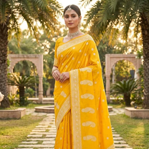 Sari Amarillo de Seda Orgánica Banarasi con Bordado Zari, Tradicional para Bodas Indias, Graduaciones, Fiestas en la Playa, Largo hasta el Suelo, para Mujer - Product Image 1