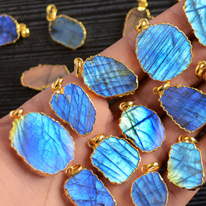 Labradorite Slice <b>Pendant</b> Natural Gemstone |Electroplated Gold Edge Irregular Shape Blue Flash Jewelry <b>Pendant</b> Wholesale <b>Africa</b> - Product Image 4