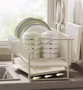White <b>Dish</b> <b>Rack</b> With Draining Tray 2-Tier Kitchen Organizer For Plates Cups And Utensils Freestanding Countertop Storage - Product Image 2