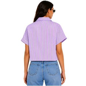 Camisa corta a rayas moradas y blancas personalizada para mujer, con logotipo bordado personalizado, manga corta, con botones, blusa informal de verano, OEM - Product Image 2