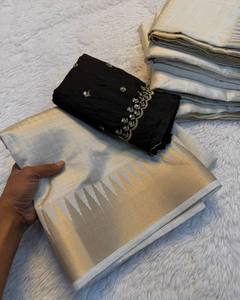 Sari en soie Tusser d'Inde du Sud de qualité supérieure avec bordure en zigzag dorée et chemisier brodé Banglori - Product Image 4