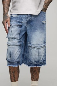 Men's Washed Canvas Eco-Friendly Solid Cargo Shorts with Pockets Mid Waist Drawstring Closure Casual Style Front Logo Print - Product Image 6