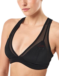 Women's Black Deep V-Neck Sports Bra With Crisscross Straps <b>Mesh</b> Hollow Out Design Medium Support Yoga <b>Top</b> Seamless Breathable - Product Image 4