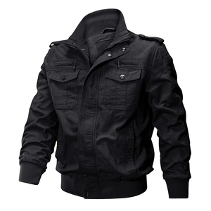 Chaqueta Bomber Negra para Hombre, de Lona, Resistente al Viento, Casual, con Cuello Alto, Cierre de Cremallera, Color Sólido, Corte Regular, para Otoño - Product Image 1