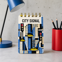 Carnet à spirale LABON personnalisé, motif signalisation urbaine, couverture en toile avec spirale dorée, ciel abstrait, feux de circulation, taxis jaunes, pages lignées