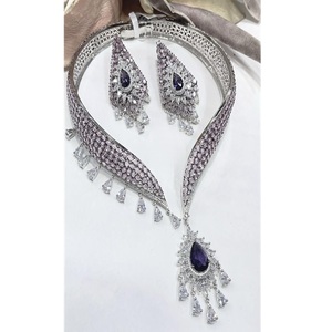 Alluring Premium Quality Brass Silver Plated CZ <b>Statement</b> Collar <b>Necklace</b> Earrings Set Women's Designer for Wedding Gift Party - Product Image 1