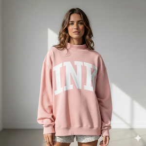 เสื้อสเวตเชิ้ตคอกลมโอเวอร์ไซส์สำหรับผู้หญิง สีชมพู พิมพ์ลายตัวอักษร ผ้าฝ้ายถัก ทรงปกติ สไตล์ฤดูใบไม้ร่วง คอเต่า - Product Image 1
