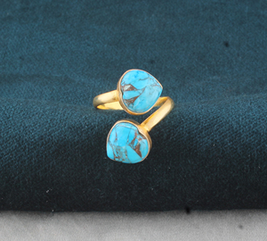 Wholesale <b>Silver</b> Plated Turquoise Classic Two Stone <b>Adjustable</b> Bezel Set Gemstone <b>Ring</b> for Party Occasions - Product Image 5