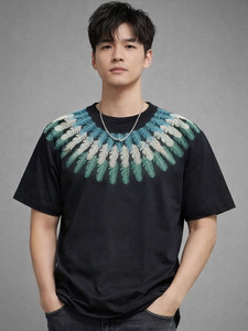 T-shirt surdimensionné en coton pour homme, imprimé ailes de plumes, col rond, décontracté de luxe, à manches courtes, fabricant de vêtements - Product Image 1
