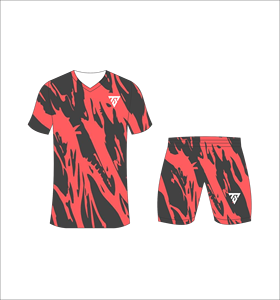Conjunto de uniforme de fútbol sublimado personalizado para hombre con camiseta con estampado de salpicaduras de pintura roja y gris oscuro y pantalones cortos a juego - Product Image 2