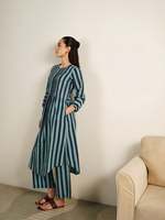 Robe midi rayée à manches trois quarts, col rond, coupe ample, décontractée, en tissu de coton tissé respirant, design plissé, poches
