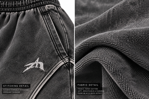 Shorts longs personnalisés 3/4 |   Shorts en molleton français délavé et usé, style streetwear |   Fabricant de vêtements en marque privée OEM/ODM - Product Image 5