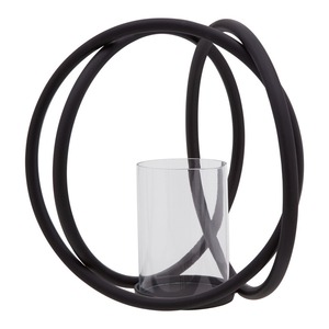 Porte-bougie sphérique en métal noir de style moderne avec des anneaux entrecroisés et une insert cylindrique en verre transparent - Product Image 4