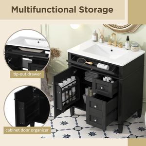 Modern 30\" <b>Bathroom</b> <b>Vanity</b> with Top Sink 2 Drawers and Tip Drawer Single Sink <b>Bathroom</b> <b>Vanity</b> Storage Cabinet - Product Image 5