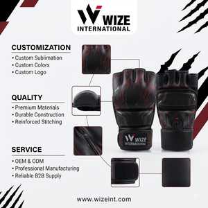 Gants de MMA WIZE INTERNATIONAL, demi-doigts, en cuir PU, fermeture Velcro, design flamme noire et rouge, pour adultes, arts martiaux, MMA - Product Image 6