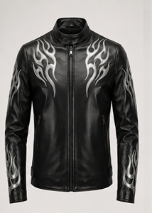 Chaqueta de Motocicleta Casual de Invierno para Hombre, de Piel de Oveja, Resistente al Viento, Impermeable, Transpirable y Ecológica, Color Negro Plata Flame American - Product Image 4