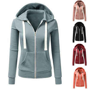 Sweat-shirt à capuche zippé en corail pour femme, manches régulières, couleur unie, tricoté, décontracté, pour l'automne - Product Image 5