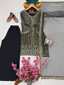 ชุดคุर्ตาปักลายสีดำสำหรับผู้หญิง พร้อมกางเกงและผ้าคลุมไหล่ – ชุดสัลวาร์สำหรับงานเทศกาลแบบอินเดียและปากีสถาน - Product Image 4