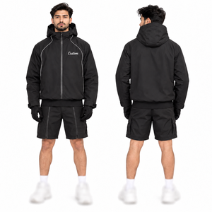 Men's Reflective Piping Hooded <b>Zip</b> <b>Up</b> Wholesale OEM <b>Black</b> Windbreaker & Cargo Shorts Heavyweight Nylon Tracksuit <b>Hoodie</b> Clothing - Product Image 1
