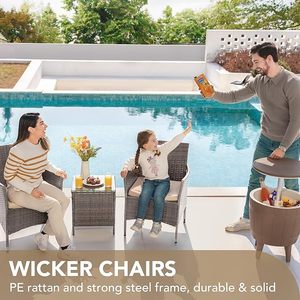 Premium 3 Pieces PE Rattan <b>Garden</b> Furniture Set Grey Outdoor Wicker Bistro Conversation Chairs with Square <b>Coffee</b> <b>Table</b> - Product Image 5