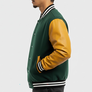 Chaqueta Varsity Verde para Hombre con Mangas de Cuero Color Bronceado, Logotipo Bordado en la Parte Delantera, Ropa Casual de Otoño - Product Image 4