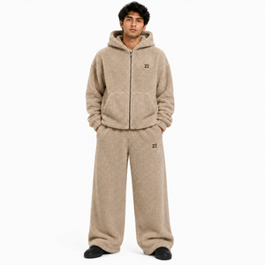 Men's Beige Sherpa Fleece Tracksuit Set 2PC <b>Full</b> <b>Zip</b> <b>Hoodie</b> Wide Leg Trousers Warm Winter Streetwear Custom OEM Manufacturer - Product Image 1
