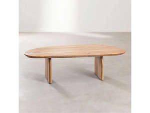 Mesa de Centro Moderna Ovalada de Madera de Mango |   Mesa de Centro Baja Contemporánea |   Mesa Auxiliar de Madera Maciza para Sala de Estar, Comedor y Dormitorio - Product Image 6