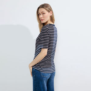 Camiseta de punto a rayas de manga corta con cuello redondo para mujer, corte regular, informal - Product Image 3