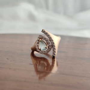 Namivaa 18K Rose Gold Green Gemstone Pear Shape <b>Ring</b> Diamond Halo Modern Curved <b>Statement</b> Design Women Wedding Party Fine - Product Image 4