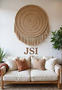 Décoration murale bohème en jute tissée ronde avec pompons, naturelle, pour salon - Product Image 2