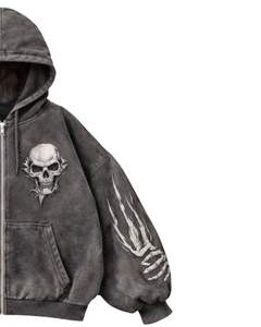 Sudadera con capucha gris oscuro personalizada con cremallera, lavado ácido, estampado de doble calavera en la manga, estilo streetwear oversize de algodón y felpa. - Product Image 5