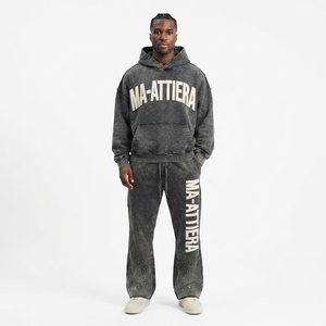 Conjunto de Sudadera con Capucha y Pantalones Jogger para Hombre, Personalizado, con Lavado Ácido, Gris, con Pedrería, de Algodón y Felpa, Estilo Urbano, Talla Grande, OEM, Venta al Por Mayor - Product Image 1