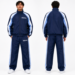 Ensemble de survêtement bleu marine pour homme avec rayures blanches, veste de sport légère et pantalon, streetwear d'entraînement - Product Image 2