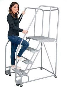 Slim <b>Fold</b> 3-Step Rolling Ladder Mobile Safety Step <b>Stool</b> with Railing for Commercial Office Vietnam Factory Direct Price - Product Image 4