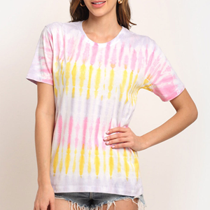 Camiseta de Manga Corta con Cuello Redondo y Estampado Tie Dye para Mujer, Corte Holgado, Informal, 100% Algodón Jersey, Primavera Verano, Rosa, Amarillo, Blanco - Product Image 1