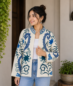 Hand Embroidered Floral Cotton <b>Jacket</b> <b>Women</b> Mandarin Collar Full Sleeve Prairie Chic <b>Spring</b> Boho Style Open Front Coat - Product Image 1