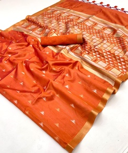 Sari en soie chiffon traditionnel orange, confectionné à la main, avec broderie, pour mariage et occasions spéciales, pour femmes - Product Image 1