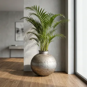 Vase rond vintage en fer Nagori Matka pour la décoration de l'entrée, du jardin, du salon, de la ferme ou de la maison - Product Image 5