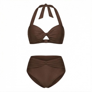 Ensemble de bikini marron uni pour femme, haut bandeau torsadé à taille haute avec détail froncé, maillot de bain en tissu extensible - Product Image 1