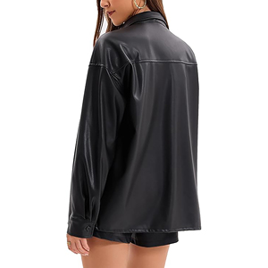 Camisa de Mujer de Piel Sintética con Botones, Manga Larga, Ajuste Holgado, Estilo Casual Urbano, Top de Moda, Chaqueta Oversize de Cuero PU Suave - Product Image 3