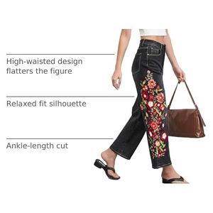 Pantalones vaqueros de mezclilla de cintura alta para mujer, con bordado floral, corte holgado, estilo bohemio, hasta el tobillo, de algodón, para verano - Product Image 6