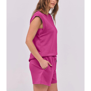 Conjunto de 2 Piezas para Mujer, Shorts y Top sin Mangas, Cuello Redondo, Tejido de Algodón y Spandex, Corte Holgado, Transpirable, para Primavera/Verano - Product Image 2