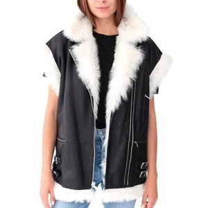 Chaleco de Piel de Oveja Negra para Mujer, Chaleco de Invierno de Piel Auténtica con Forro de Piel Blanca - Product Image 1