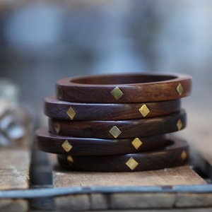 ART RETRO PENTAGRAM WOODEN <b>BRACELET</b> Exaggerated Wide Rivet Design Modern Handmade Waterproof Natural Color Unisex Accessory - Product Image 4