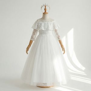 Vestido de Fiesta Largo de Tul con Encaje Blanco y Hombros Descubiertos para Niñas, Elegante Vestido de Ceremonia para Boda y Comunión - Product Image 1