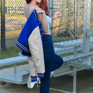 Veste courte universitaire pour femme, bleu roi et gris, style Letterman, manteau bomber, manches en similicuir, vêtement d'extérieur décontracté, mode féminine - Product Image 3