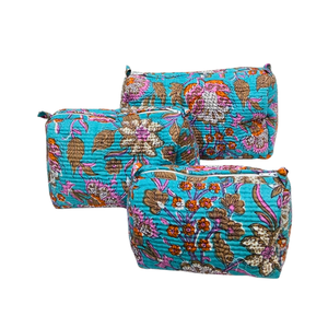 Chic Block Print Floral Cosmetic Bag-Pochette durable bleue et orange - Product Image 2