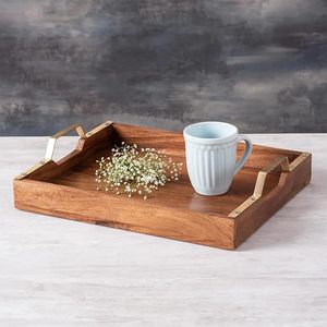 Bandeja Decorativa de Madera con Asas Metálicas, Rectangular, para Servir, Pulida, para el Hogar, Hotel, Restaurante - Product Image 5