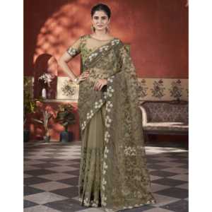 Sari droit de créateur fait main pour les fêtes, en organza brodé avec imprimé floral et pierres. - Product Image 5